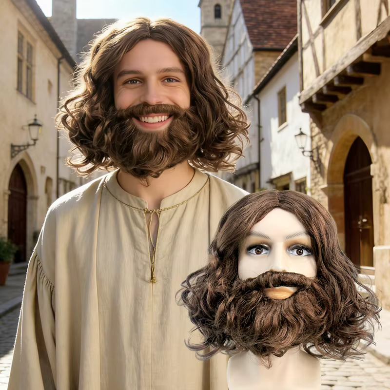 Perruque synthétique ondulée brune avec barbe