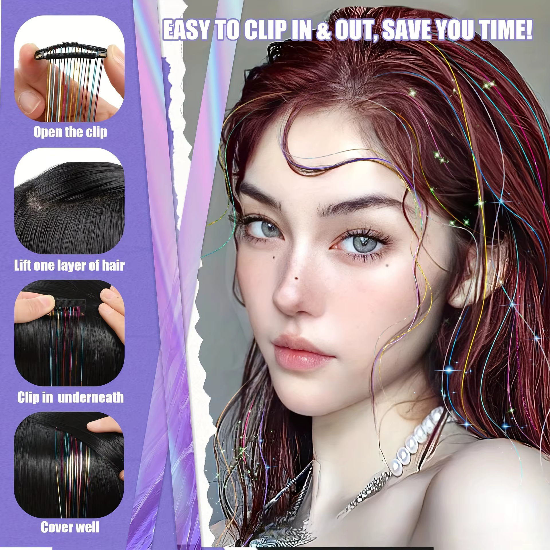 12 pièces cheveux synthétiques Tinsel 20 pouces pince en paillettes