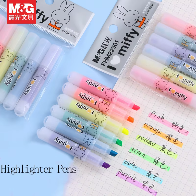 Surligneur M&G à pointe biseautée, design coloré, portable, écriture fluide, double usage pour étudiants et bureau