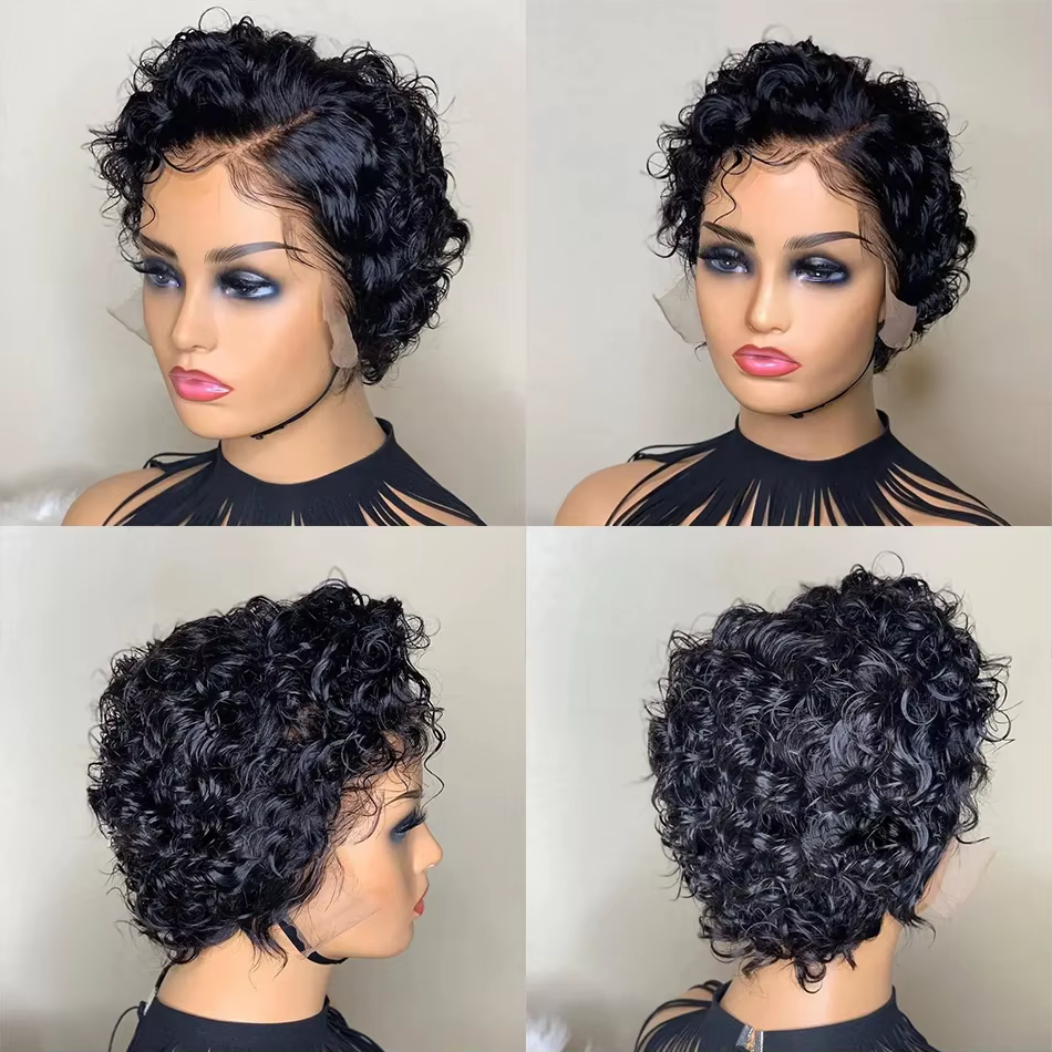 13x4 dentelle frontale perruques cheveux humains coupe lutin 180% densité couleur noire vague d'eau courte