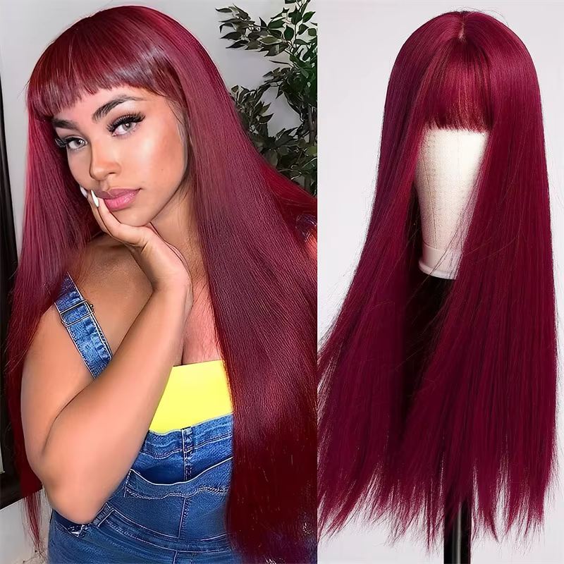 Perruque synthétique rouge bordeaux la plus vendue pour cheveux longs et raides