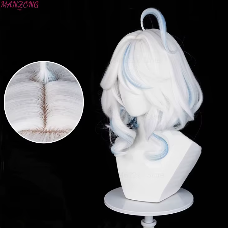 Furina perruque courte Focalors Cosplay perruque courte argent blanc bleu perruque Cosplay Anime Cosplay perruques résistant à la chaleur synthétique + bonnet de perruque