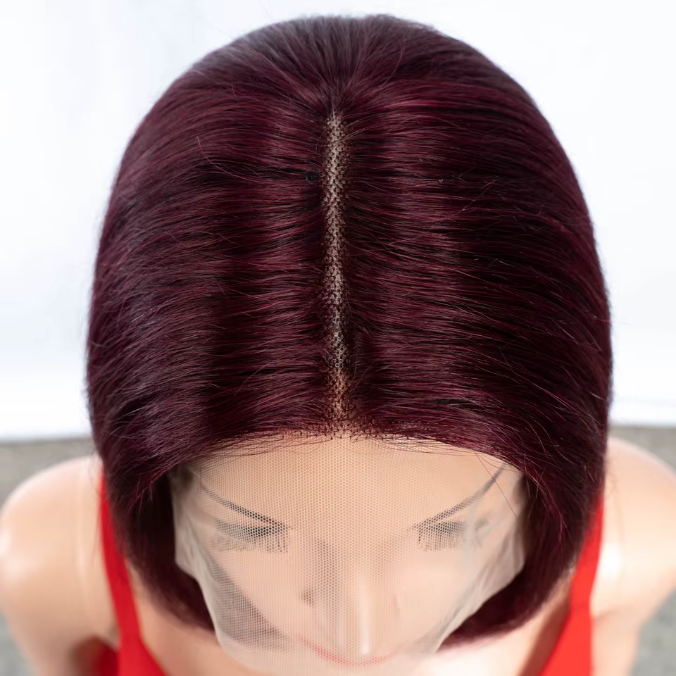 Perruques Lekker Burgundy en solde, 100% cheveux humains, courtes, lisses, coupe bob, raie au milieu, Lace Front pour femmes, cheveux brésiliens Remy, sans colle