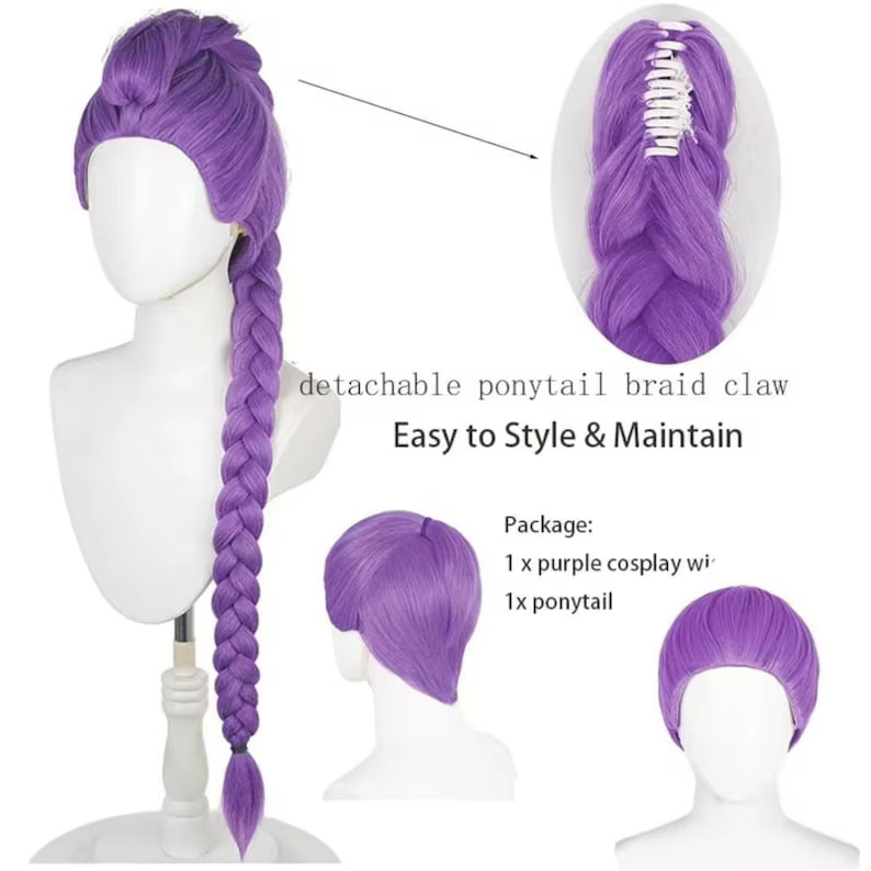 Perruque de cosplay : soie tressée violette résistante à la chaleur, réglable