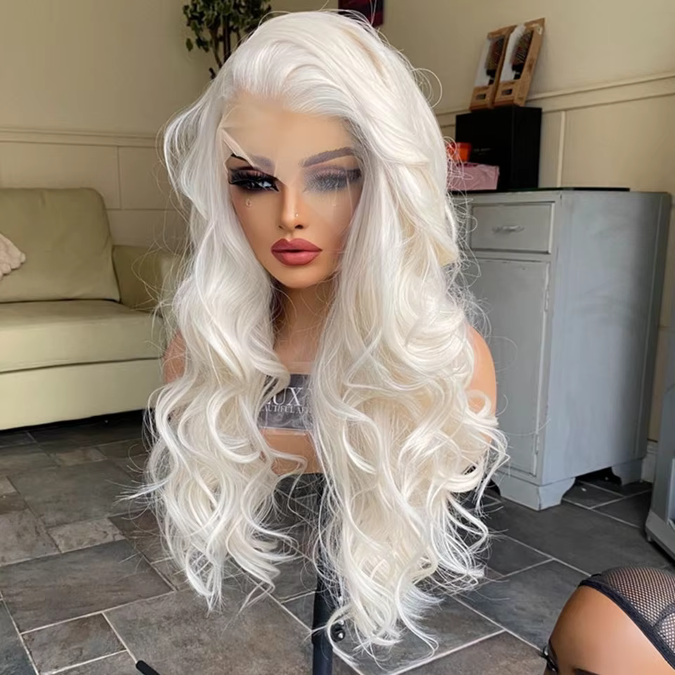 Perruque Lace Front Wig Synthétique Sans Colle Blond Platine