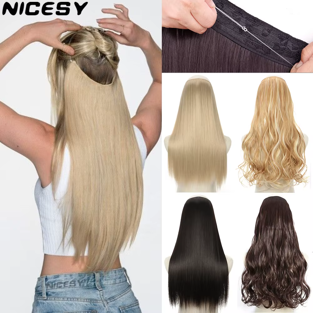 Pas de Clips Extension de cheveux naturels synthétiques artificiels postiche longue droite Blonde noir couleur mixte