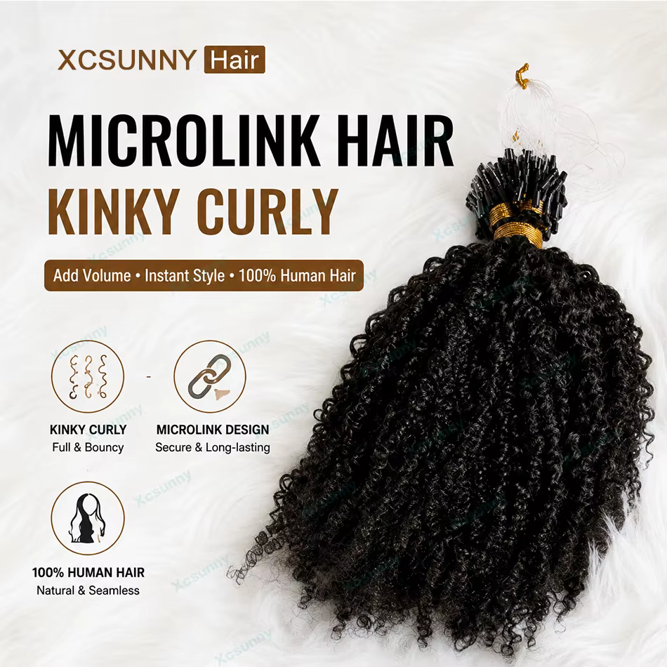 Afro crépus bouclés Microlink Extension de cheveux humains 4C Micro anneau Extensions
