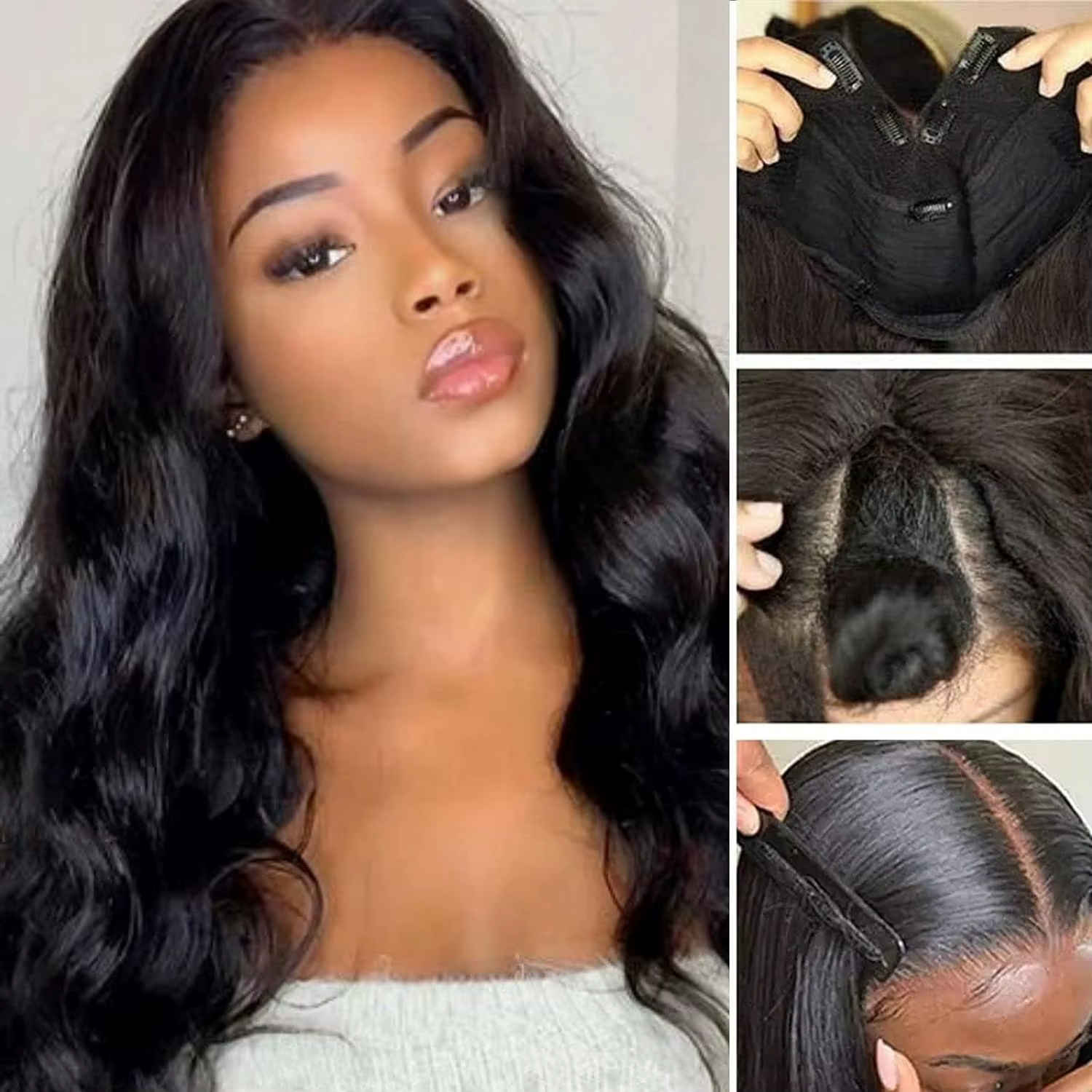 30 pouces V partie perruque vague de corps synthétique U partie perruques pour les femmes pleine tête pince dans les cheveux naturel noir pas de laisser partie mince perruque