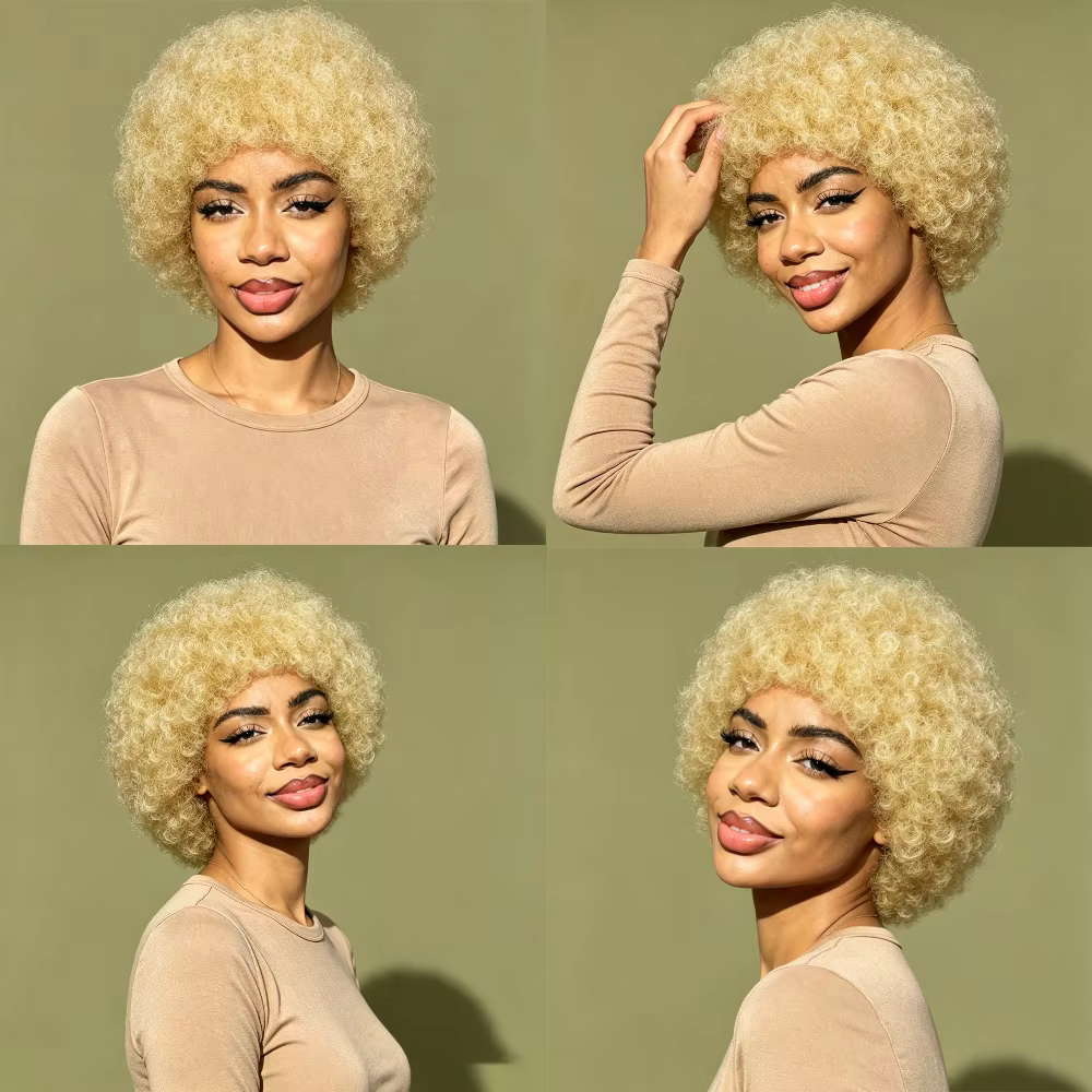 Perruque courte bouclée afro blond miel, volumineuse, style pixie crépu avec frange, bonnet ajustable, entièrement fabriquée à la machine, coupe afro moelleuse