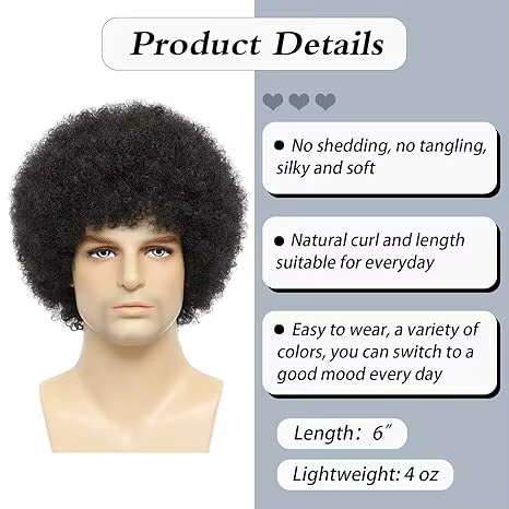 Perruque Afro Disco courte noire bouclée pour hommes