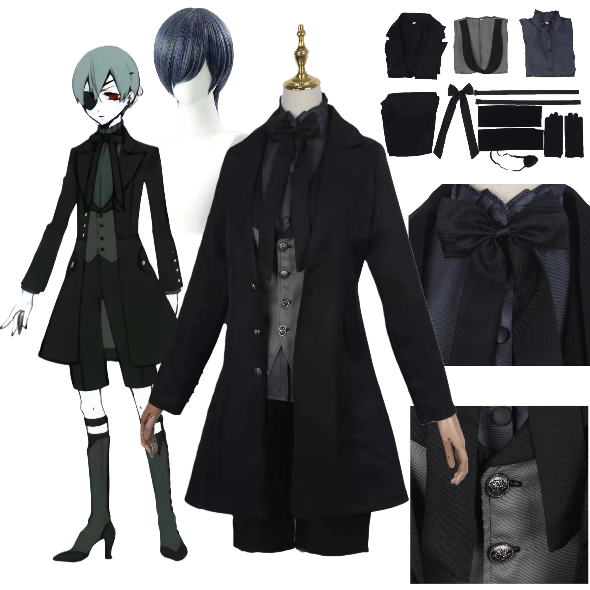 Ciel Phantomhive diable uniforme Cosplay Costume perruque Anime majordome noir Halloween carnaval fête vêtements