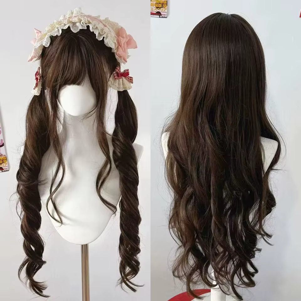 Perruque longue blonde double queue de cheval style Lolita avec frange, boucles princesse, synthétique, noire et marron, pour fille, cosplay, Halloween, Harajuku