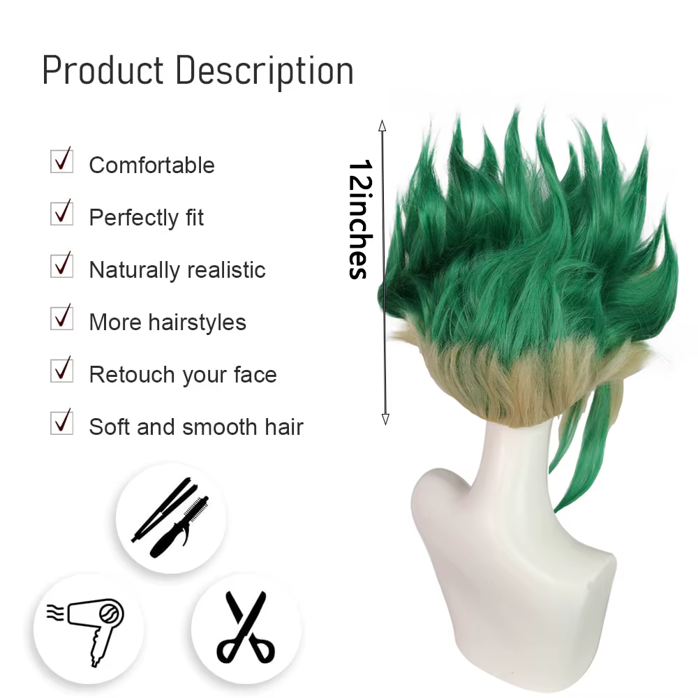 Anime Ishigami Senku ‌ ‌ Cosplay cheveux synthétiques Dr.Stone vert dégradé adapté aux fêtes quotidiennes jeu de rôle