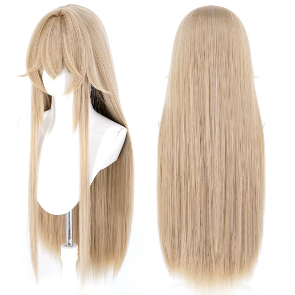 Perruque longue et droite blonde pour cosplay d'anime avec double queue de cheval