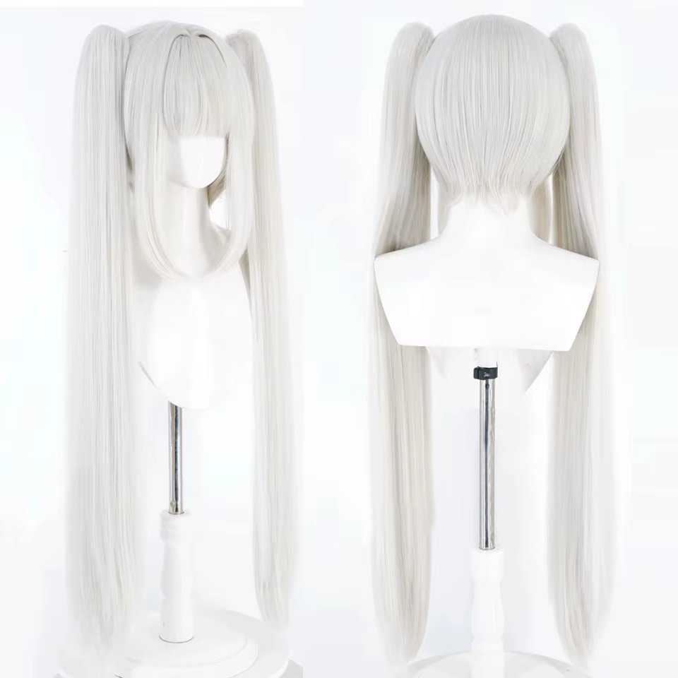 Perruque longue et droite blonde pour cosplay d'anime avec double queue de cheval