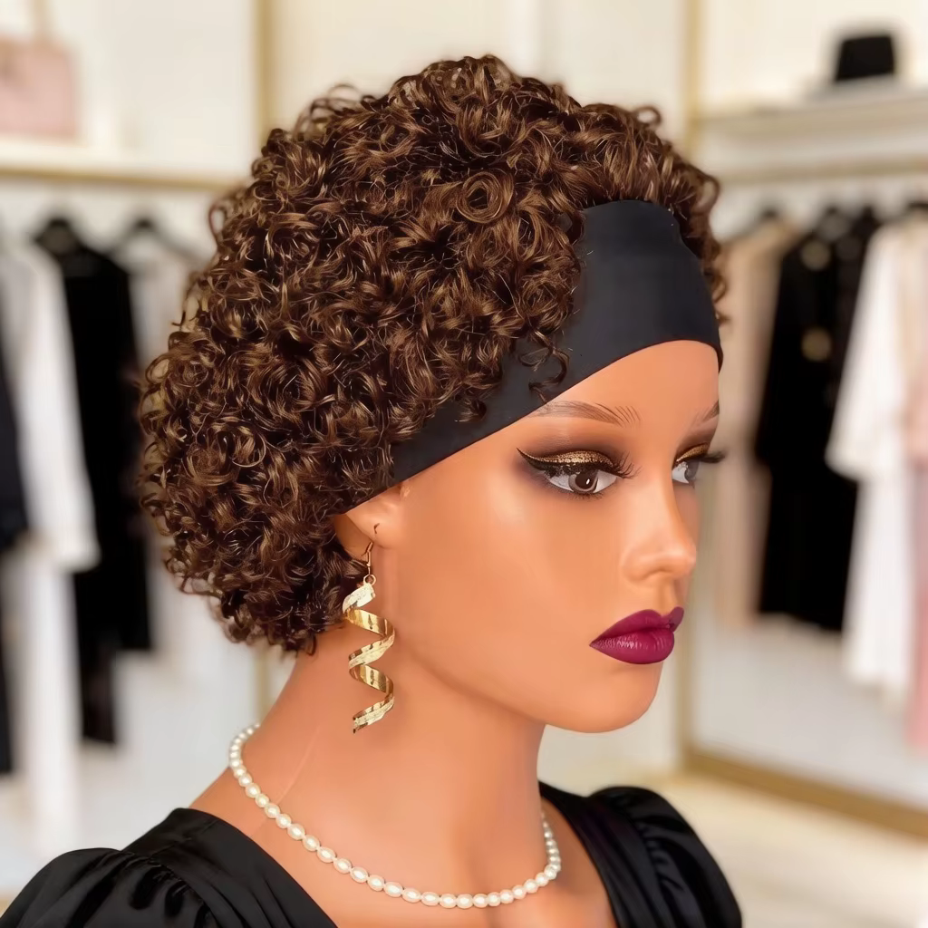 Perruque bouclée avec bandeau en cheveux humains pour femmes