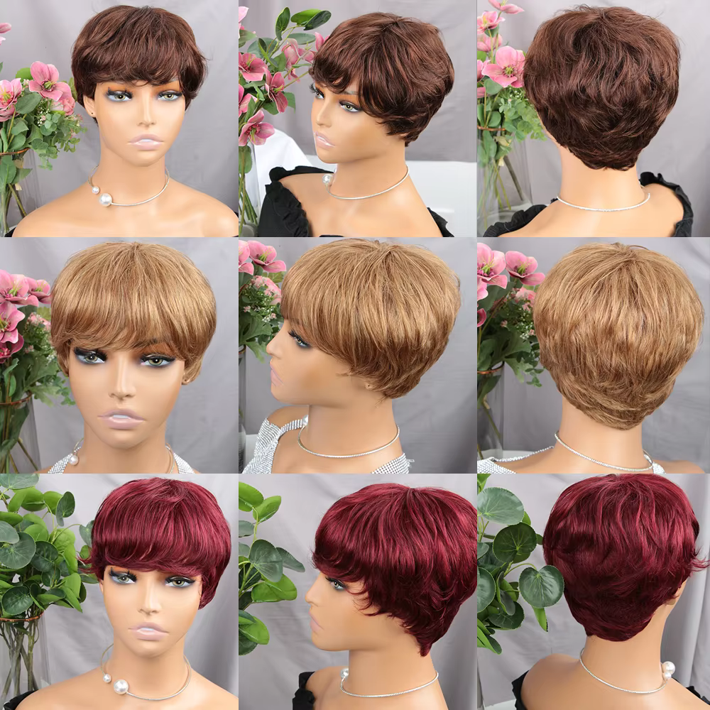 Perruque Pixie Cut Brésilienne Naturelle avec Frange