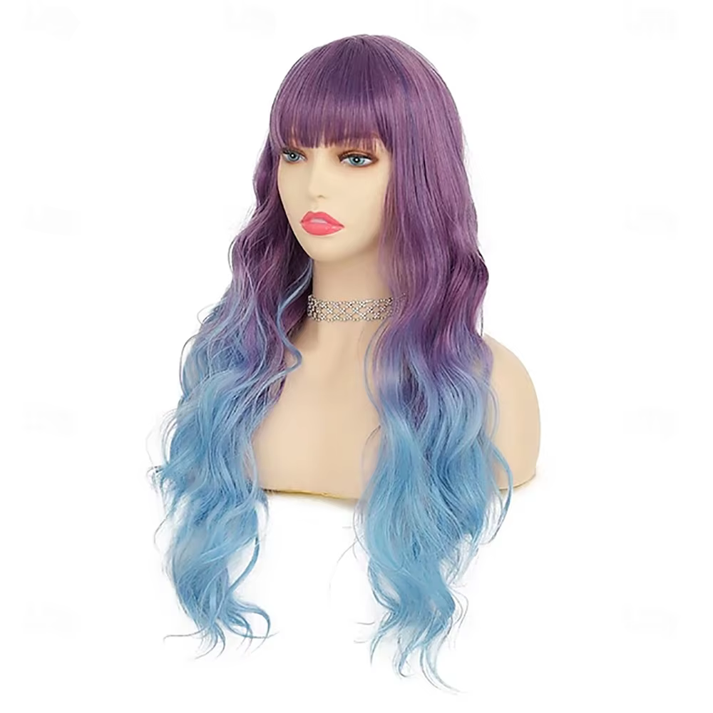 Perruque de carnaval de cheveux synthétiques bleu violet ombré bouclés ondulés longue