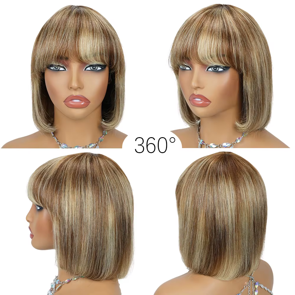 Perruque Bob droite brune pour femme avec mèches blondes, réaliste, superposée, douce et soyeuse, longueur moyenne, fabriquée à la machine