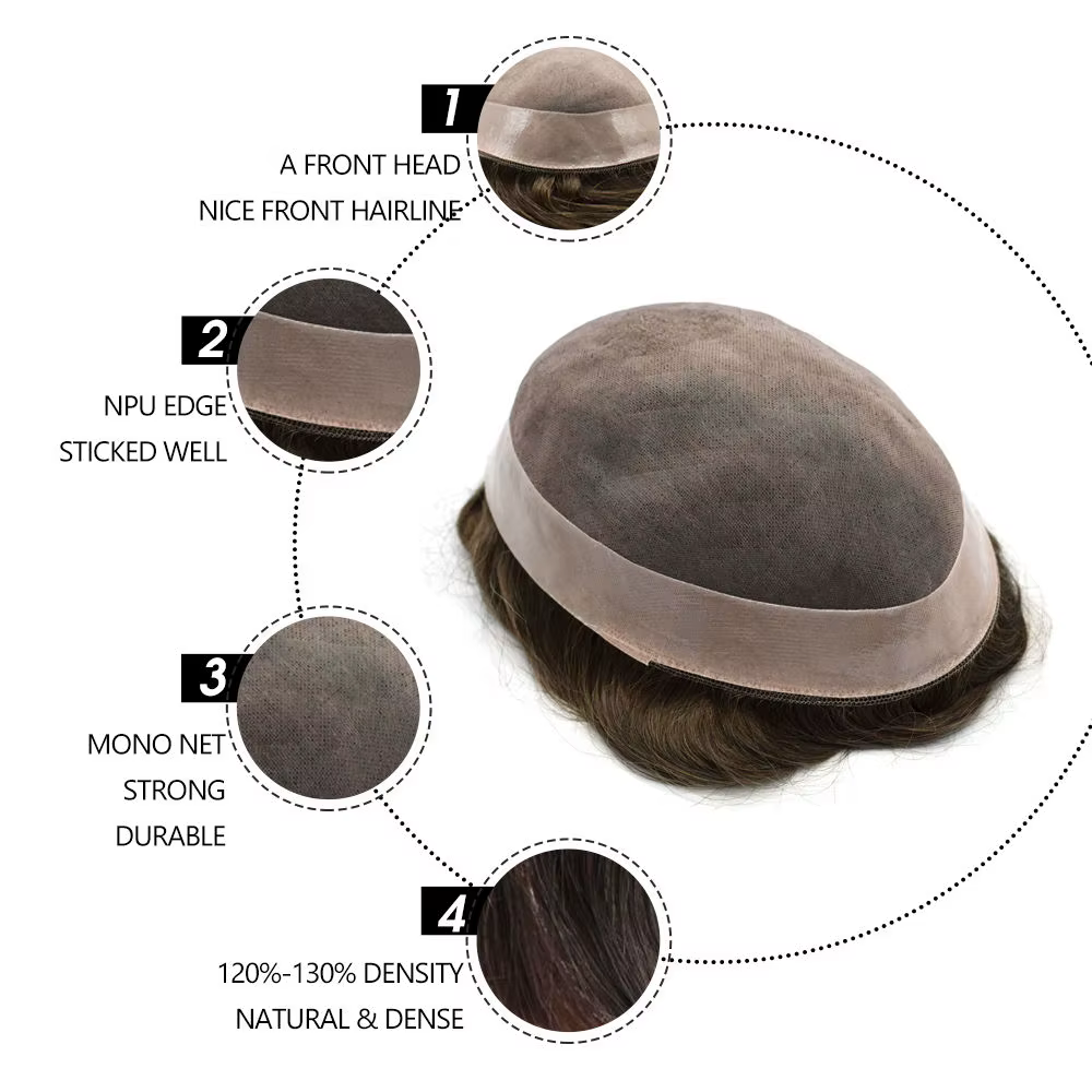 Perruque Toupet en Cheveux Naturels Mono Fin pour Homme