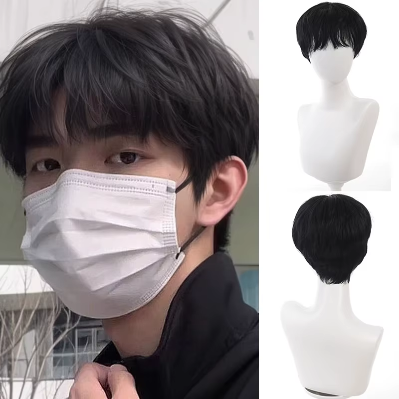 Perruque synthétique courte et lisse noire pour garçons coréens
