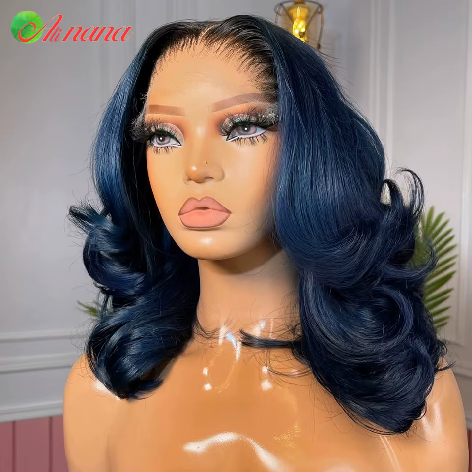Bleu avec racine couleur courte Bob perruque 13x4 dentelle frontale perruques 200% densité ondulée cheveux humains perruques pour les femmes vague de corps coiffure