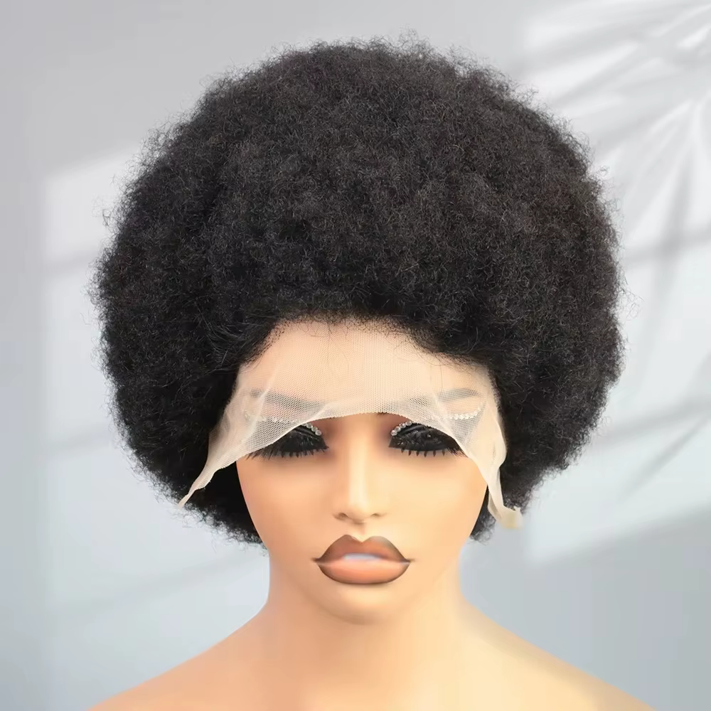 Perruques courtes bouclées afro kinky en cheveux humains avec dentelle frontale 13x4 pour femmes