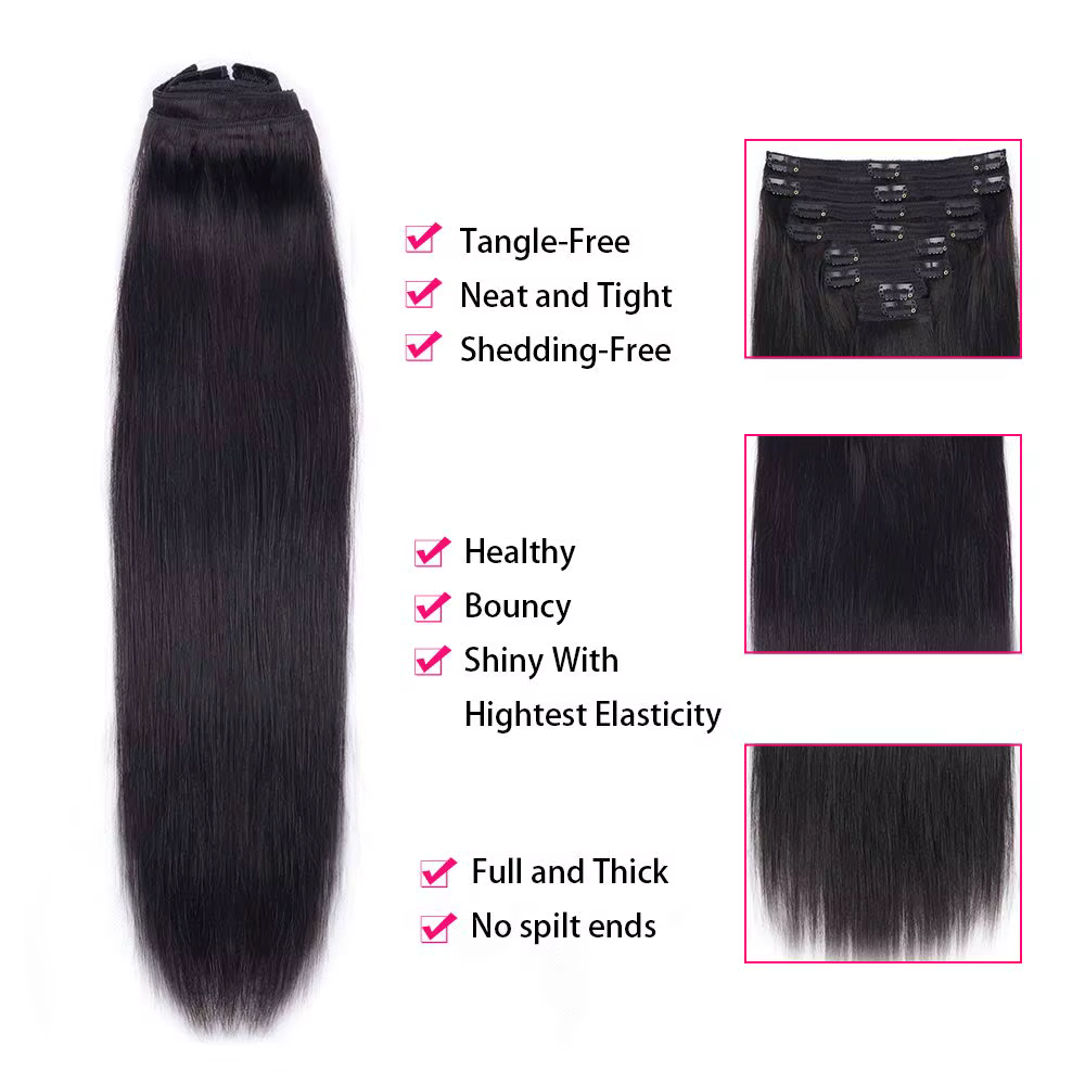 Extensions de cheveux naturels à clipser, 120g, lot de 8 pièces, cheveux vierges 100% humains, noir naturel