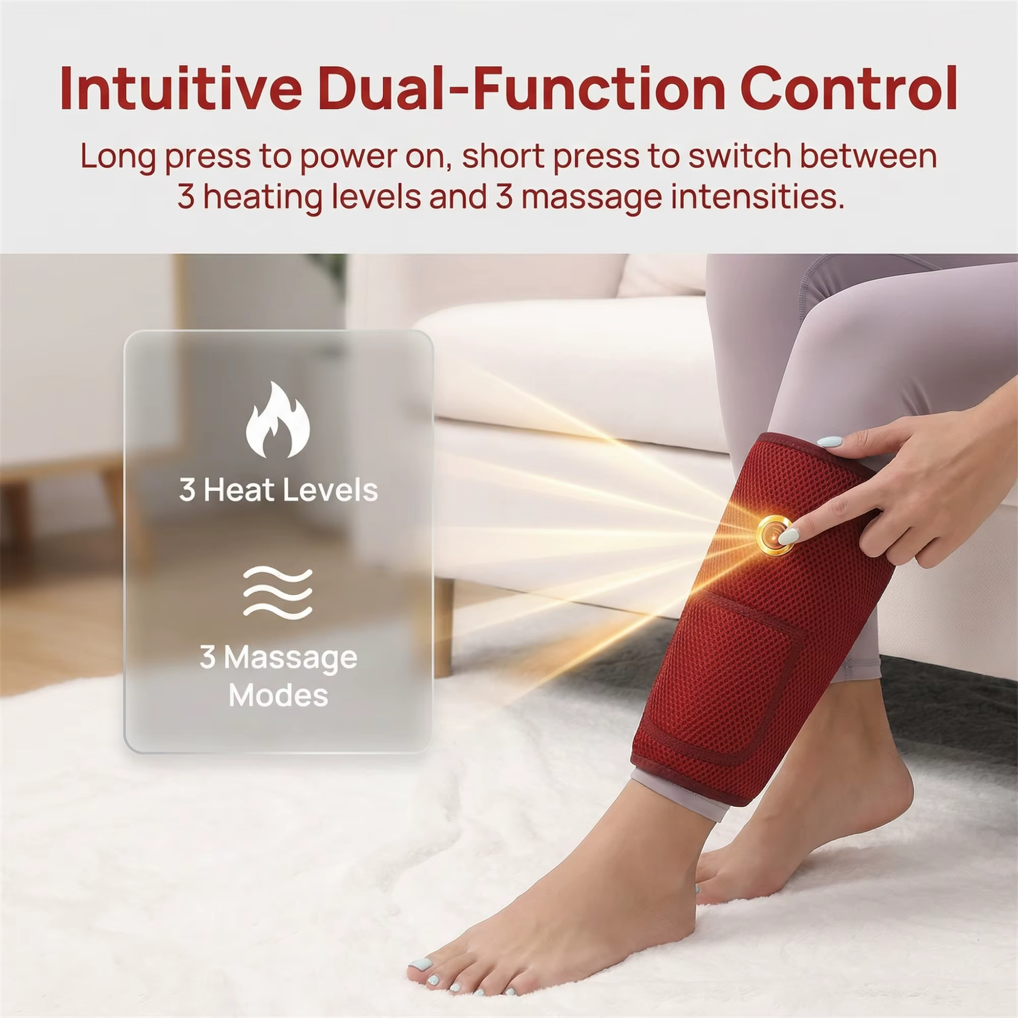 Masseur électrique pour mollets avec fonction chauffante et pétrissante pour la circulation sanguine, la relaxation musculaire et contrôle de la température programmable.