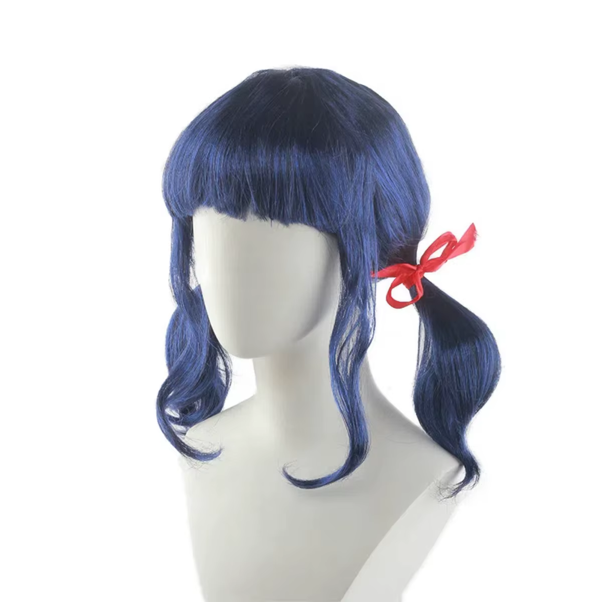 Perruque synthétique bleu marine bouclée à double queue de cheval avec nœuds rouges