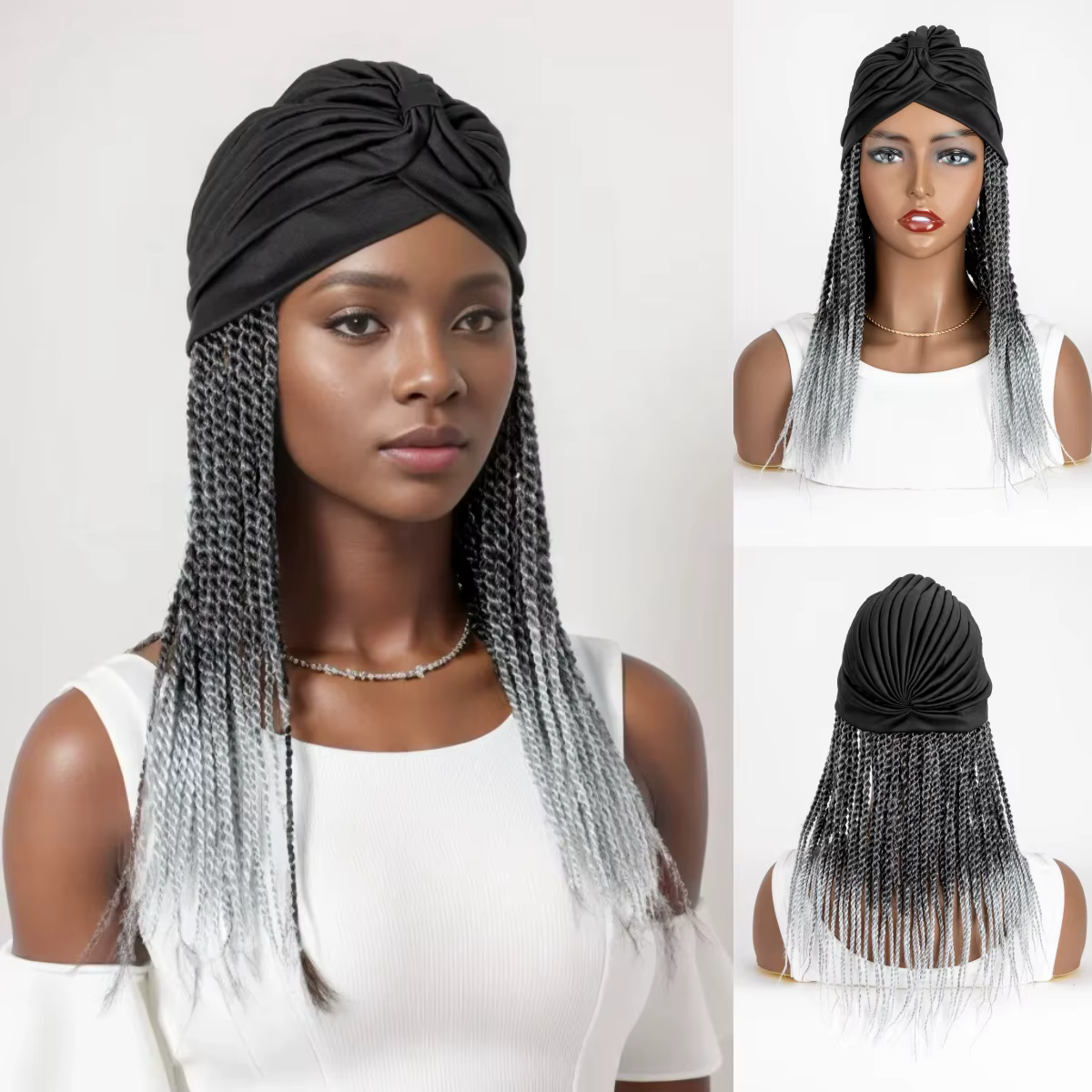 Perruque Synthétique Tressée avec Turban pour Femme
