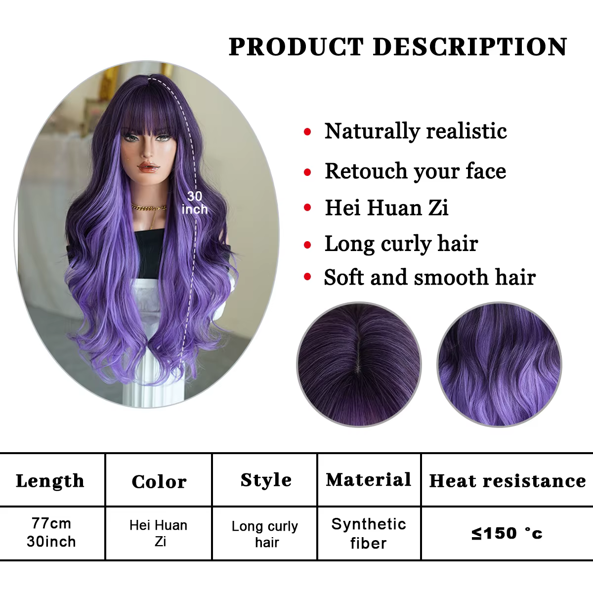 NAMM Halloween Costume perruque synthétique corps lâche ondulé violet perruques avec frange soignée noir dégradé haute