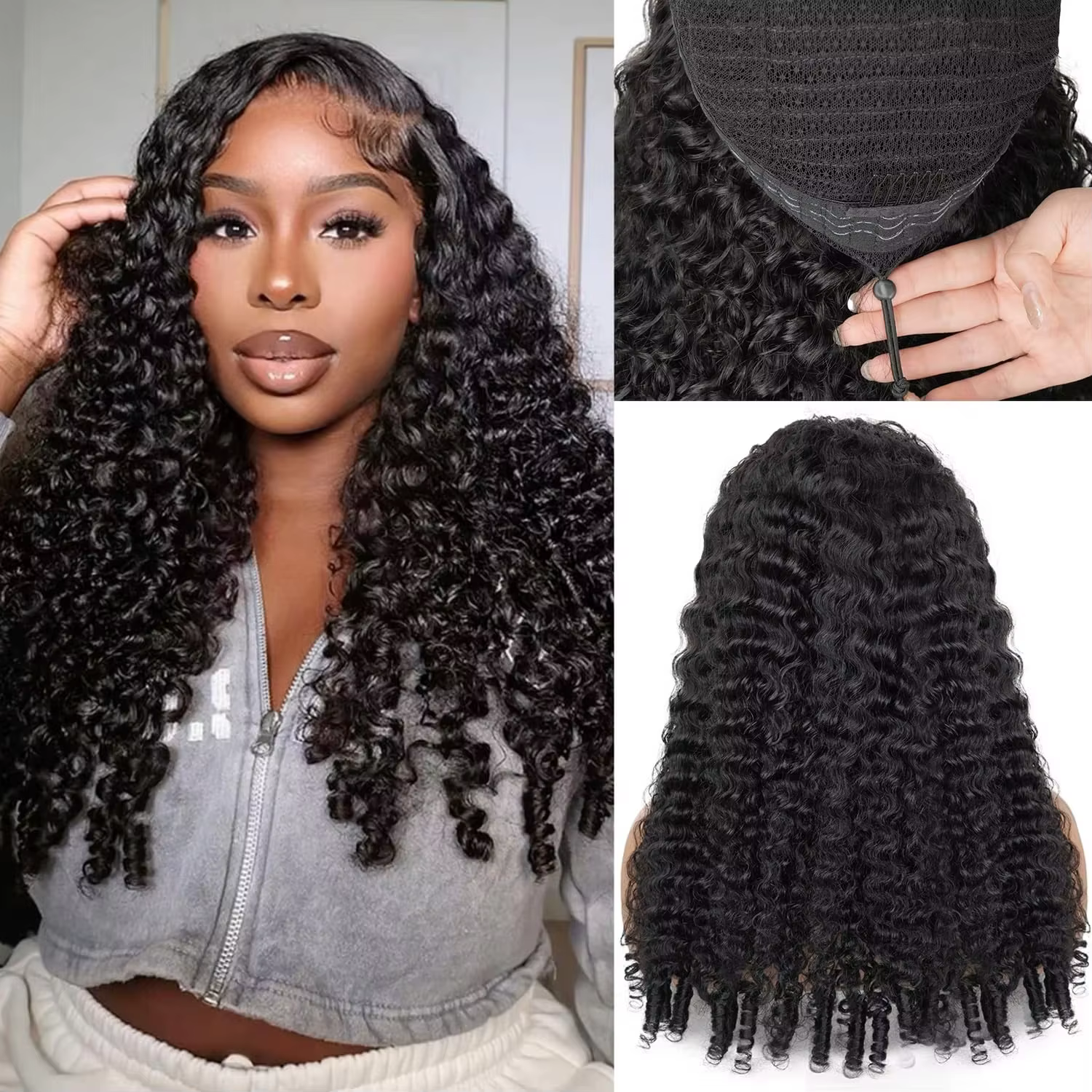 250% perruques sans colle cheveux humains birman bouclés bandeau perruque mise à niveau 3 en 1 demi-perruque avec cordon