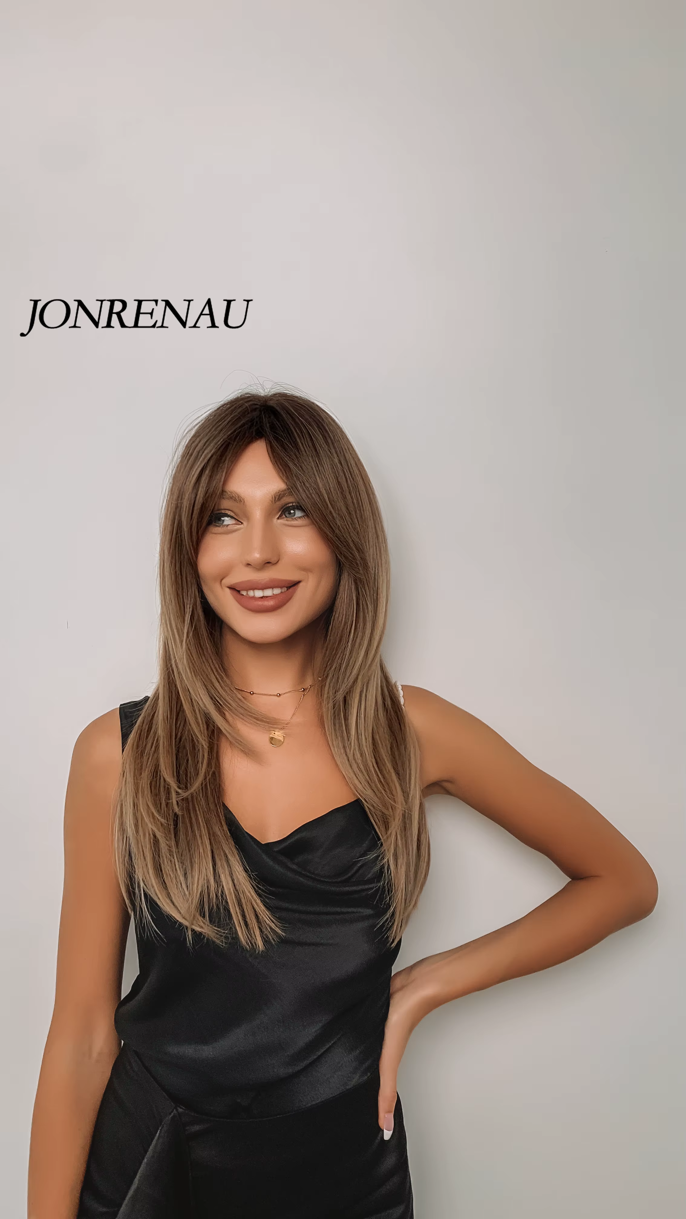 JONRENAU cheveux longs raides avec frange Ombre noir foncé brun à blond perruques synthétiques pour les femmes fête quotidien Cosplay utilisation perruque