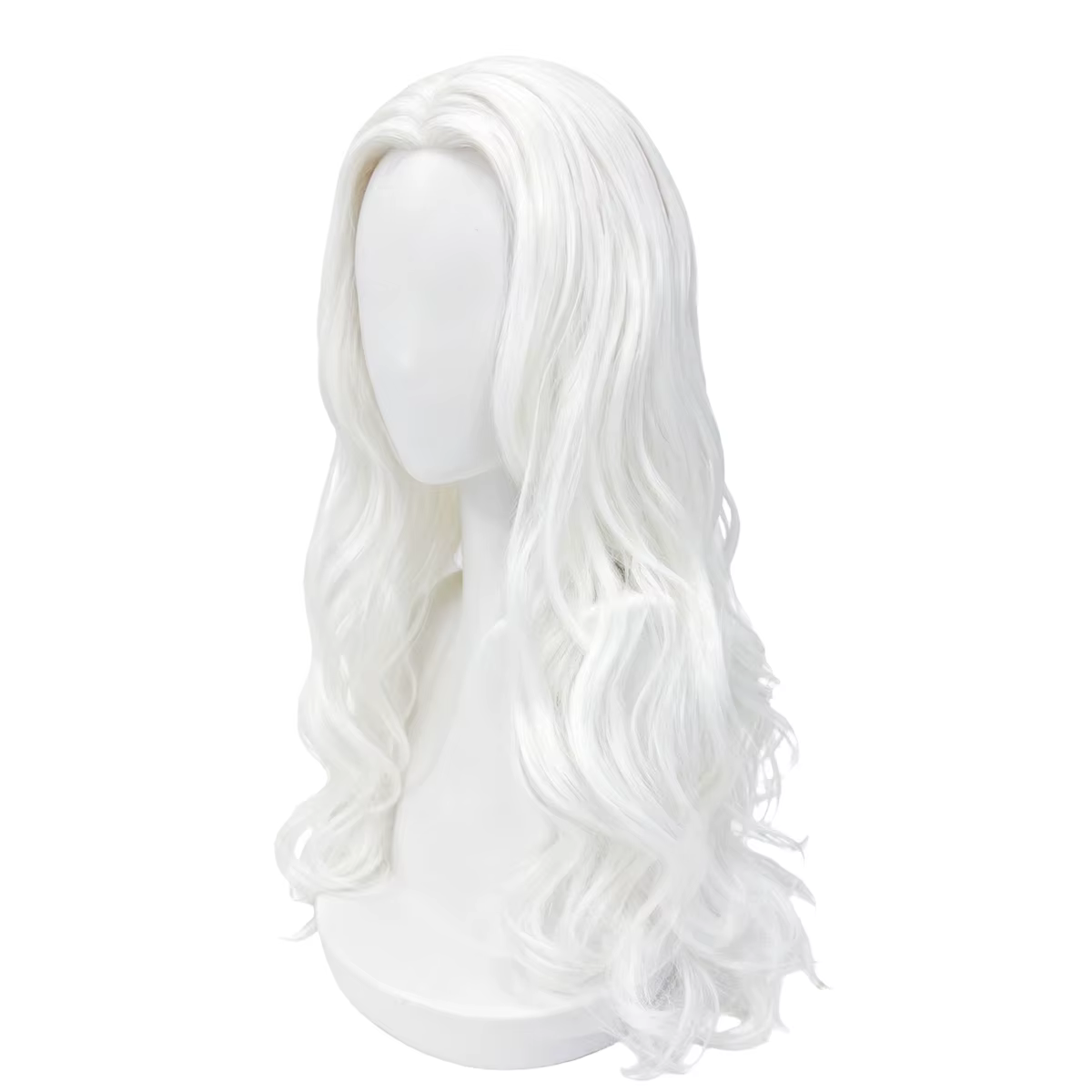 Perruque blanche longue ondulée avec partie centrale – Fiber synthétique d'apparence naturelle pour cosplay