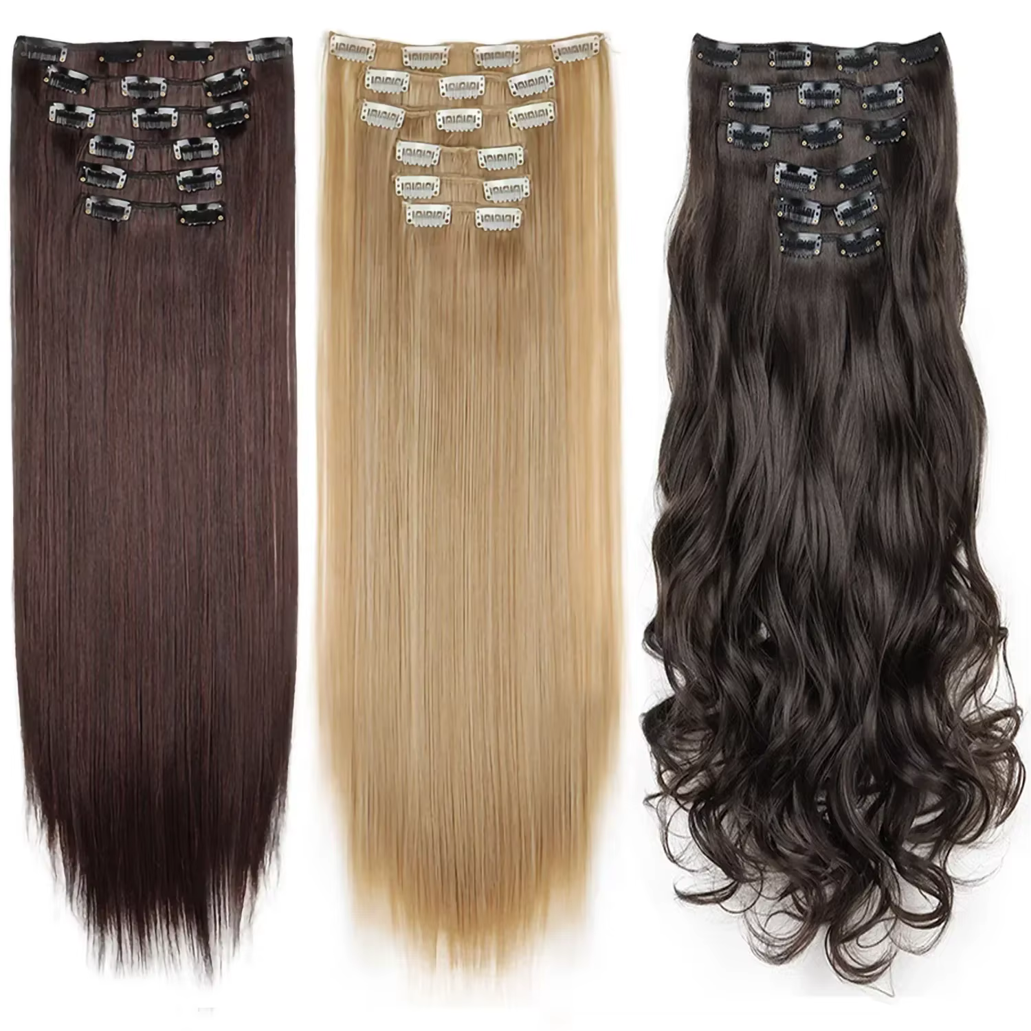 Extensions de cheveux noirs 24 "/60 cm 6 pièces/ensemble femmes longue ligne droite synthétique pleine tête pince 16