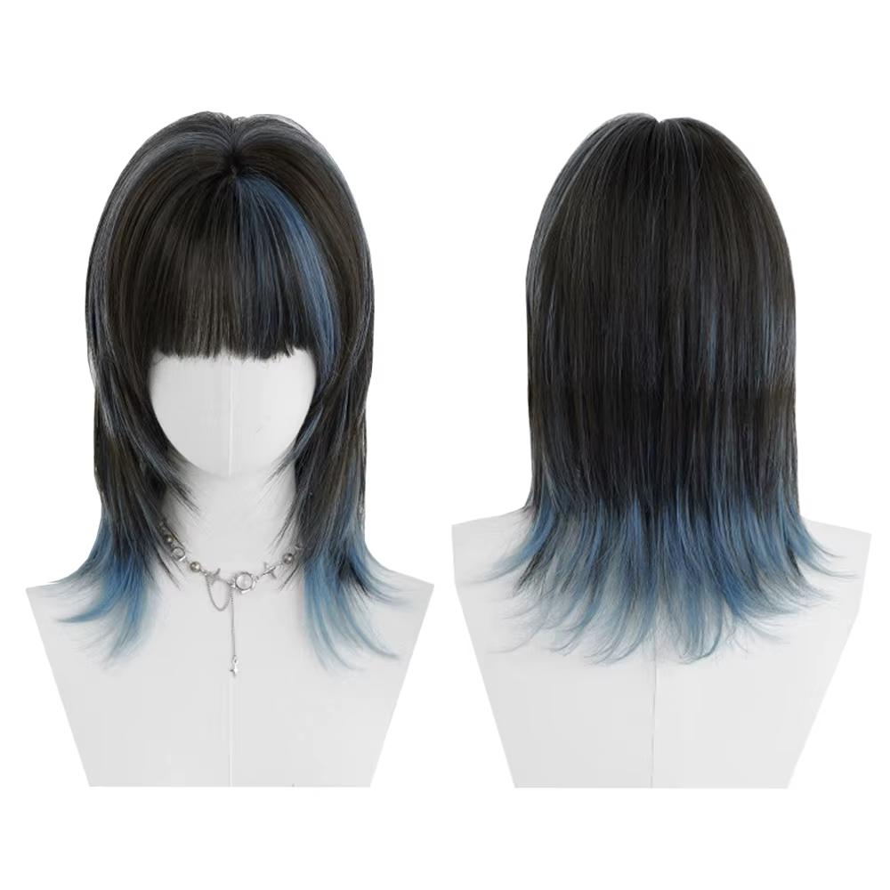 Perruque synthétique de coiffure mulet bleue avec frange
