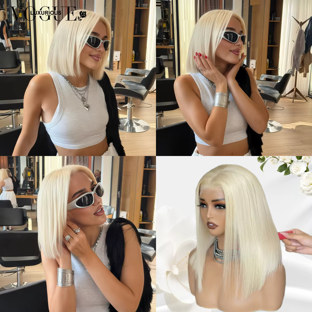 LUX VOGUE crème platine coupe émoussée Bob 100% perruque de cheveux humains perle finition brillante 13x4 mise à niveau