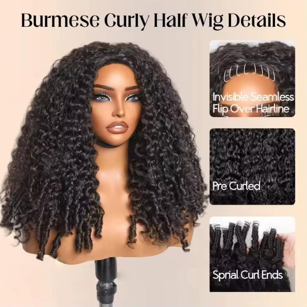Demi-perruque 3-en-1 avec cordon de serrage, demi-perruque bouclée birmane à porter sur le côté, perruque sans colle, cheveux humains bruts, prête à porter, demi-perruque à ondulations profondes