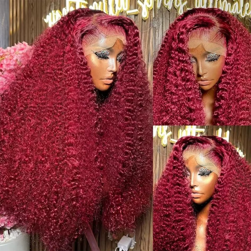 Perruque Lace Front Wig Naturelle Bouclée Rouge Bordeaux 99J
