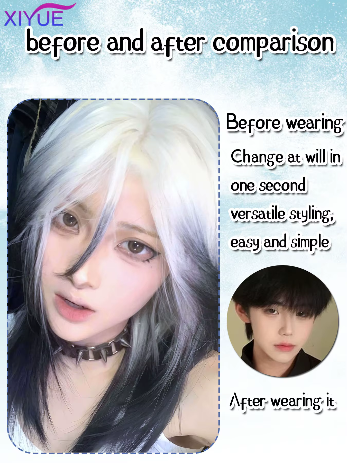 Perruque de Cosplay Synthétique Noire et Blanche Naturelle pour Garçon