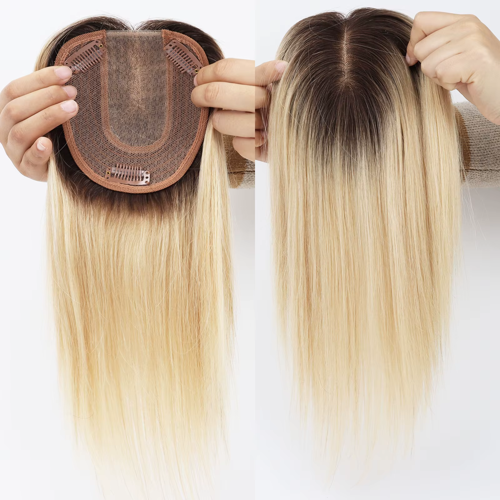 Topper de Base en soie blonde ombrée avec clips en Extensions de cheveux humains européens bicolores de 14 pouces pour