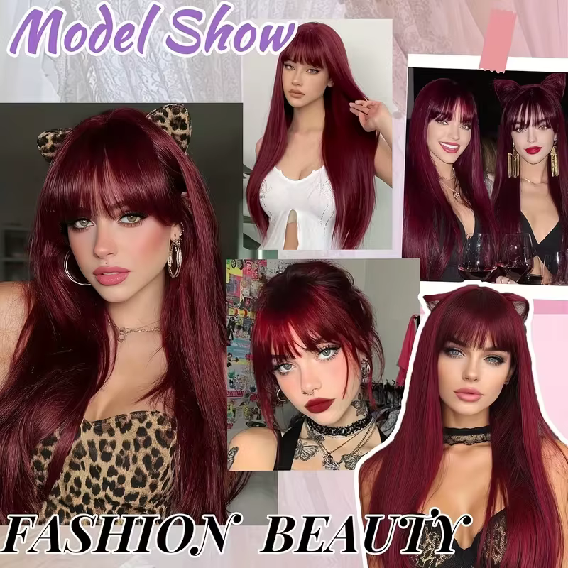 Perruque synthétique couleur vin rouge pour cheveux raides