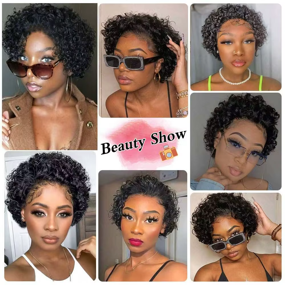 Perruque Pixie Cut Courte Bouclée en Cheveux Humains