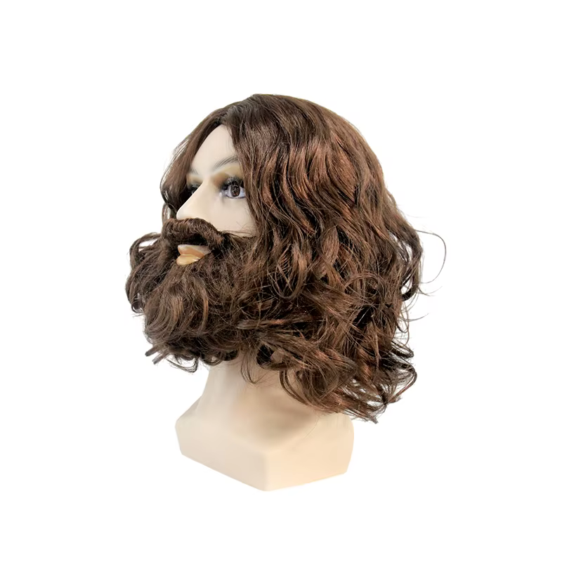 Perruque synthétique ondulée brune avec barbe