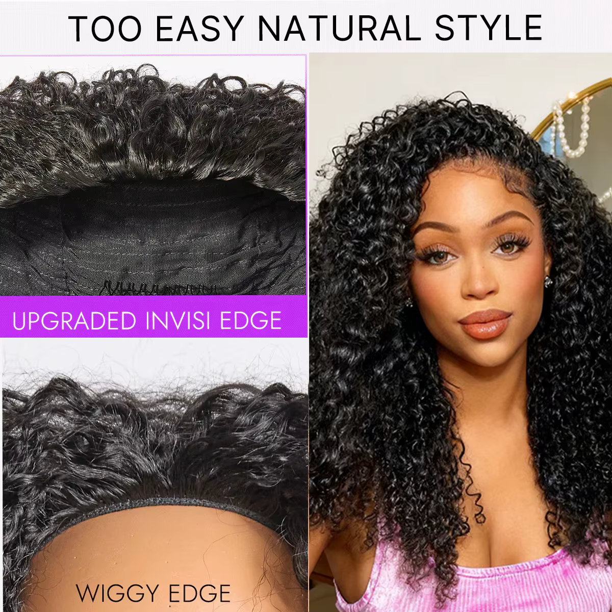 Perruque mi-tête bouclée en cheveux humains 250% densité