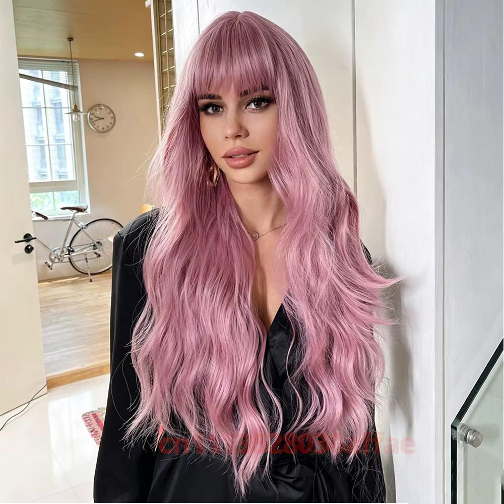 Perruque synthétique longue rose bouclée ondulée tendance avec frange