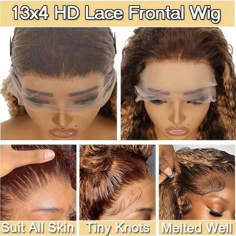Perruque Lace Frontale 30 Pouces Cheveux Humains Bouclés Ombrés avec Mèches