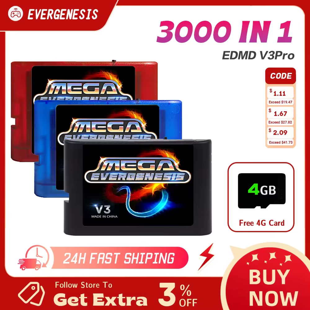 Nouveau pour MegaDrive Genesis MD V3Pro avec émulateur de lecteur optique 3000 fichiers prise en charge de la carte mémoire de fichier 32X avec carte TF 4G