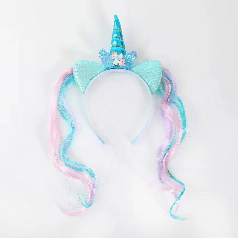 Perruque colorée licorne bandeau arc-en-ciel cheval Double queue